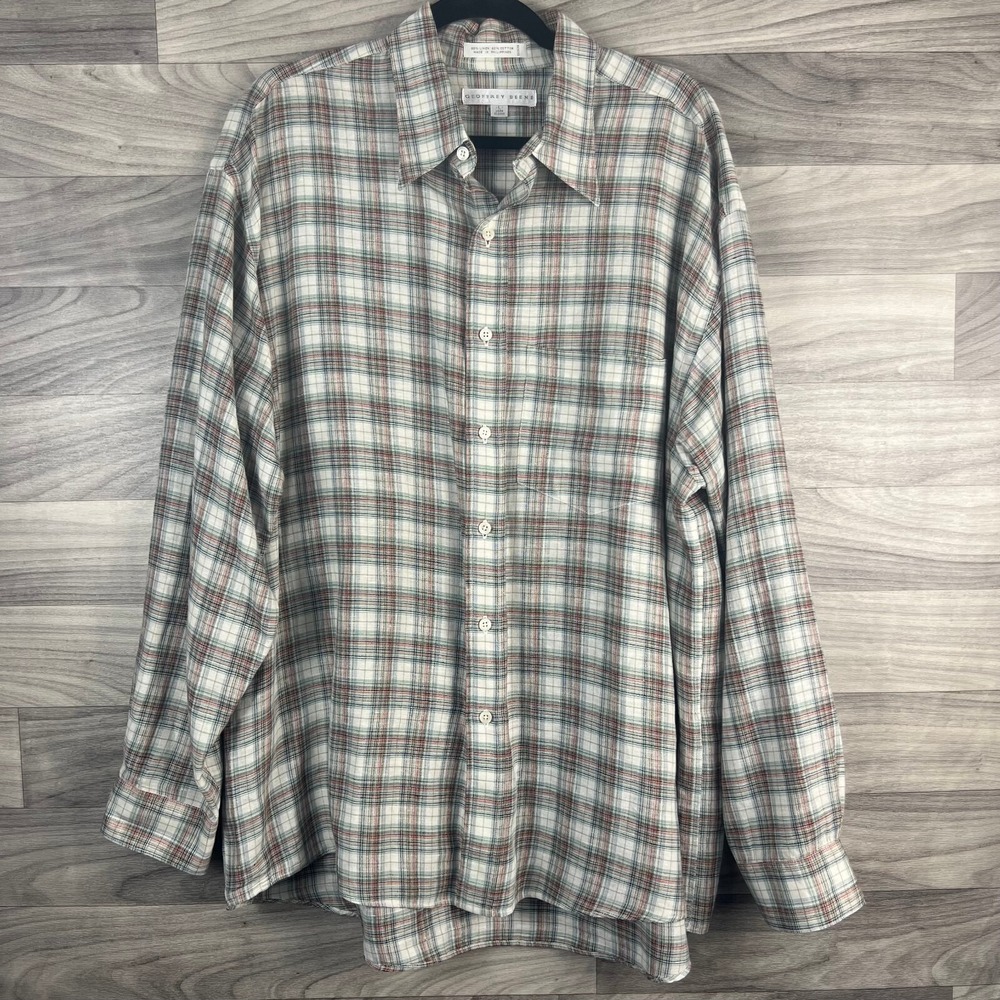 Geoffrey Beene Button Up Shirt Mens L Tan Plaid Long Sleeve Linen Blend Collared